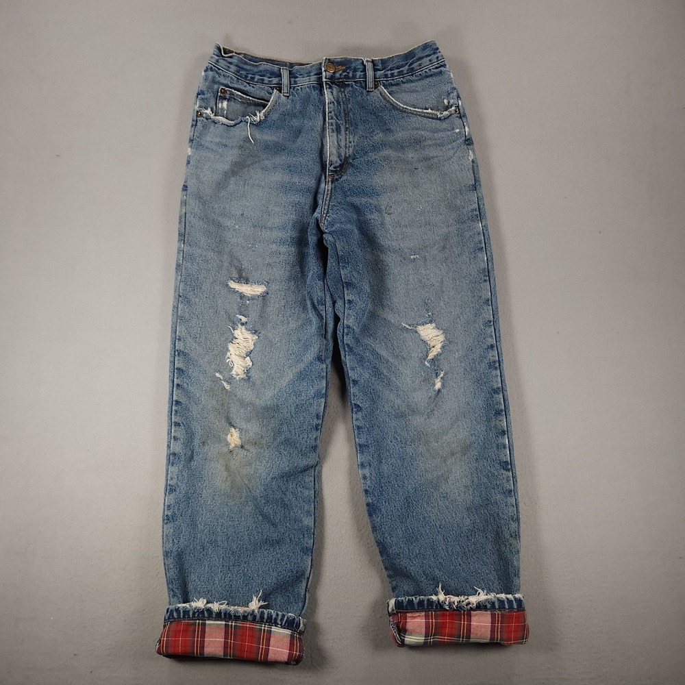 VTG Guide Gear Jeans Mens 34x22 Blue Flannel Lined Straight Leg Plaid Warm Pants